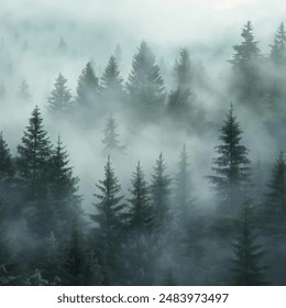 Obraz zobrazuje mlžný borový les s klidnou a klidnou atmosférou. Vysoké borovice jsou částečně zakryty hustou mlhou, což vytváří mystickou a snovou scénu.