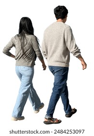 Pareja joven asiática. Vista lateral de personas caminando. Novios caminando juntos por la calle. Recortes de personas para visualización 3D y renders.