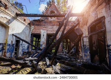 Completely burnt old mansion. Consequences of fire or war, etc.