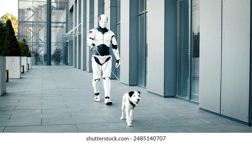 Masina cu inteligență artificială plimbă câinele în curtea clădirii. Robotul este angajat în treburile umane obișnuite. Rutina obișnuită de dimineață cu animalul de companie.