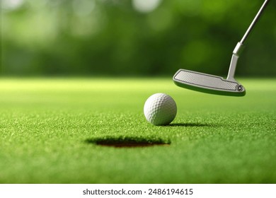 Primer plano de una pelota de golf después de introducirla en el hoyo.