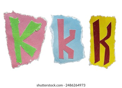 K alphabet torn from a magazine paper on white background with clipping path. Ransom note style letters.