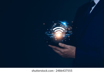 Internet wifi fast connect concept, Man holding smartphone access high speed internet connect global network data, fast internet wifi hotspot sharing