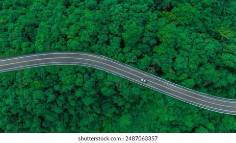 Vue de dessus d'une voiture électrique blanche circulant sur une route forestière vert foncé, une route surélevée qui entoure une forêt naturelle. Concept d'utilisation de voitures électriques pour protéger l'environnement et les transports.