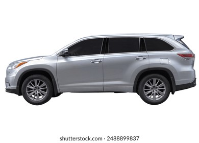 Passenger grey SUV car isolated on a white background, with clipping path. Full Depth of field. Focus stacking, side view.