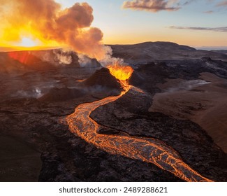 An aerial view of lava pouring out of an erupting volcano in Iceland