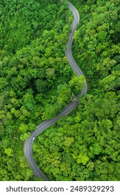 Vista aerea di una foresta verde e di una strada asfaltata, Vista dall'alto di una strada forestale che attraversa la foresta con un'avventura in auto, Viaggio su strada in un ambiente sano ed ecologico dell'ecosistema.