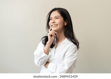 asian woman in casual dress thinking and imagination isolated on background