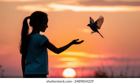 Silhouette of a bird flying from a girl's hand on a beautiful background. Freedom concept, International Working Women's Day