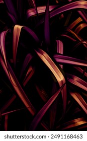 Black Futuristic background with curvy fabric ruffles and abstract layered textile shape. Modern technology background with shiny effect. Copper red brown golden color shades. Anime manga backdrop