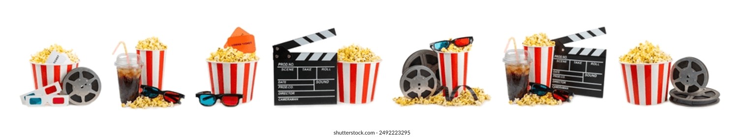 Popcorn lazat dalam baldi dan minuman cola sejuk dengan tiket pawagam, penepuk filem dan cermin mata 3D diasingkan pada latar belakang putih. Konsep pawagam. Menonton filem.