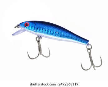 Appât de pêche coloré, bouchon noir profond avec hameçon à 3 voies d'appât de pêche isolé sur fond blanc. Canne à pêche à tête de serpent, bar rayé, poisson proie.