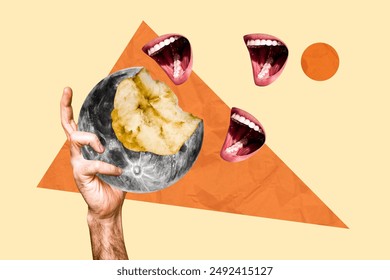 Composite Collage Bild vu Mond beisst Vollmound Apel iessen Hand hält Iessen Freak bizar ongewéinlech Fantasie