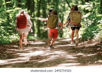 View from the back. Kids in forest at summer daytime together.