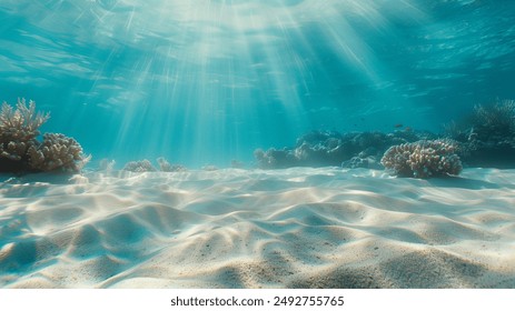 Sunlight beams penetrate the clear blue water, illuminating the sandy ocean floor and coral formations.