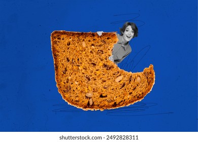 Composite Collage Bild vu witzege jonke weibleche Brout bëss gesond Iessen Fantasie Billboard Comics Zine minimal