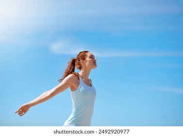 Woman, outdoor and happy with arms open for meditation or freedom to relax, break and mental health. Female person, stress relief and happy with yoga or balance for wellness, wellbeing and self care