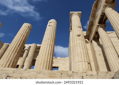 Historical Columns of the Acropolis in Athens: Magnificence of Ancient Greece in the Heart of Modern Athens, Symbolizing Eternal Architecture and Art