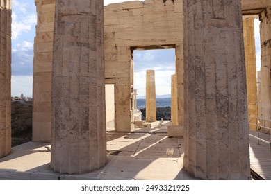 Historical Columns of the Acropolis in Athens: Magnificence of Ancient Greece in the Heart of Modern Athens, Symbolizing Eternal Architecture and Art
