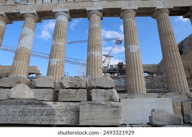 Historical Columns of the Acropolis in Athens: Magnificence of Ancient Greece in the Heart of Modern Athens, Symbolizing Eternal Architecture and Art