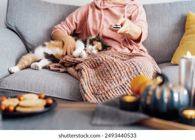 Tiada wanita berwajah dengan kotak-kotak memilih filem dengan alat kawalan jauh dan membelai haiwan peliharaan kucing pelbagai warna di atas sofa. Pesta malam wayang di rumah dengan gula-gula dan minuman panas. Masa berehat yang selesa. Fokus terpilih.