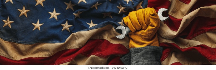Luva de trabalho gasta segurando ferramenta de chave inglesa e segurando bandeira americana antiga. Celebrando a força de trabalho americana ou trabalhadores de colarinho azul. Feito nos EUA, ou conceito do Dia do Trabalho.