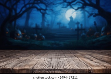 Mesa de madeira vazia e desfocada com fundo de Halloween. Noite de Halloween. Maquete. Espaço para cópia.