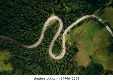 Strada asfaltata curva su foresta di montagna in estate. Vista aerea della strada che attraversa la montagna e la foresta verde.