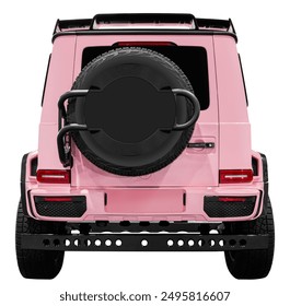 Back view pink off road suv car isolated on white background with clipping path