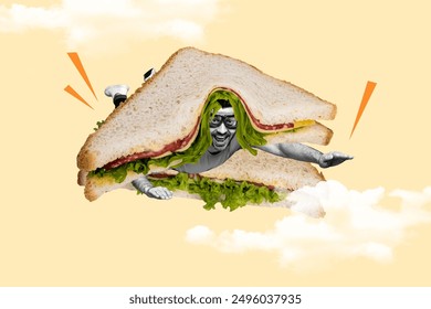 Komposit Collage Bild vu witzege Mann fléien Himmel Sandwich Superheld Mëttegiessen Iessen Fantasie Billboard Comics Zine minimal