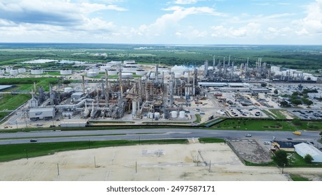 Вільна автостоянка біля сільської дороги та великого нафтопереробного комплексу з дистиляційною установкою, резервуарами для зберігання, комунальними системами, трубопроводами в сільськогосподарському агромістечку Сан-Антоніо, Техас, повітряна. США