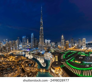 Trung tâm thành phố Dubai và Burj Khalifa với Đài phun nước Dubai, Giờ xanh và Cảnh đêm 2024