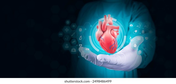 Mâna doctorului analizează inima umană izolată cu icoane de medicină și anatomie. Concept de tehnologie modernă pentru tratarea bolilor de inimă. Fundal întunecat