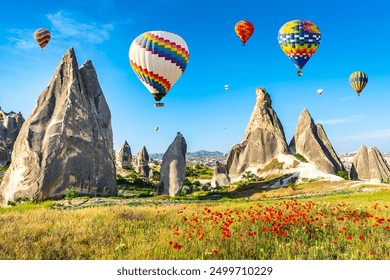 The great tourist attraction of Cappadocia - balloon flight. Cappadocia is known around the world as one of the best places to fly with hot air balloons. Goreme, Cappadocia, Turkey