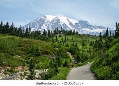 Sentier Dead Horse Creek avec le mont Rainier en arrière-plan, pavé d'asphalte pour protéger l'environnement du trafic piétonnier intense, zone Paradise dans le parc national du mont Rainier, loisirs de plein air dans la nature