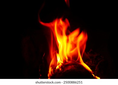 Primer plano de troncos de madera ardiendo en llamas dentro de una hoguera de hierro forjado negro.