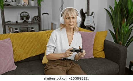 ผู้หญิงผมบลอนด์กำลังเล่นเกมด้วยคอนโทรลเลอร์ในห้องนั่งเล่นอันแสนอบอุ่น ซึ่งสะท้อนถึงกิจกรรมยามว่างและเทคโนโลยี