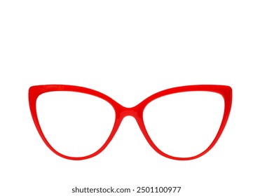 Eine Damenbrille in Katzenaugenform mit rotem Rahmen isoliert auf einem schlichten weißen Hintergrund. Frontansicht. Eeyesight-Konzept. Kopierraum.