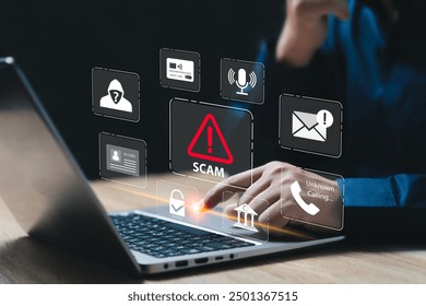Scam, Hacker, Fraudulent online, Personal Data Protection, Identity theft concept, Businessman Being deceived the Internet To steal personal information, Call, Email, credit card and ID card Number