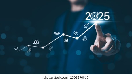 Koncept obchodních cílů pro nový rok 2025. Podnikatel dojemné zvýšení šipka graf společnosti budoucí růst 2025. Obchodní plán cílová strategie, plánování a výzva obchodní strategie v novém roce,