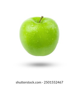Flying green apple has water drop  isolated on white background. Clipping path.