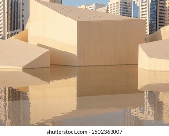 Orizontul unui oraș din Abu Dhabi cu un parc cu aspect modern. muzeul modern al patrimoniului Qasr al Hosn și zgârie-nori moderni. Repere celebre ale orașului Abu Dhabi,