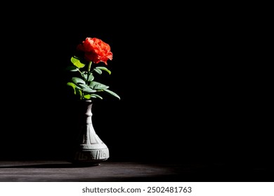 A single red rose in a ceramic vase on a wooden table, isolated against a black background. Close up, copy space