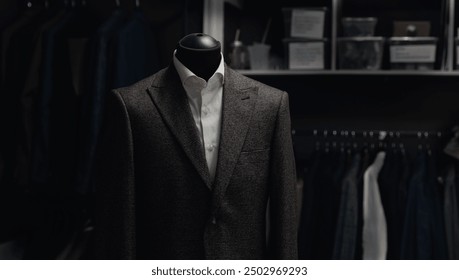 Banner de taller de sastrería de lujo. Traje de moda a medida de alta calidad hecho por el diseñador sobre maniquí, fondo oscuro.