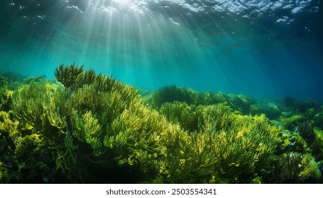 Algae on the ocean floor with natural sunlight, underwater seascape in the Atlantic ocean, Spain, Galicia