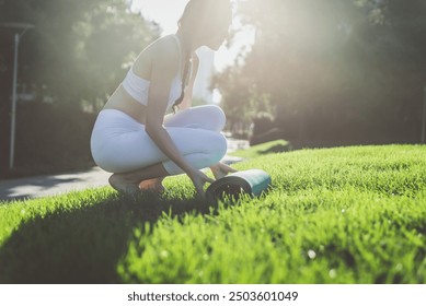 Beautiful girl making morning yoga training in New york