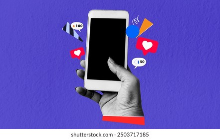 Roka drži mobilni telefon v obliki srca kot ljubezenski sledilec, kreativni koncept na družbenih omrežjih. Umetniški kolaž, digitalna pop moderna umetnost.