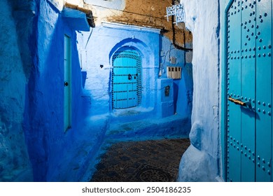 Night in Medina alleys and stairs of Chefchaouen, the famous Blue Pearl of Morocco or Blue City. Chaouen is noted for its buildings in shades of blue, UNESCO heritage