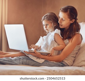 Mom, girl and laptop in home for streaming movies, bonding and relationship together on bed. Woman, child and technology in apartment for tv show, cartoon or social media with relax and subscription