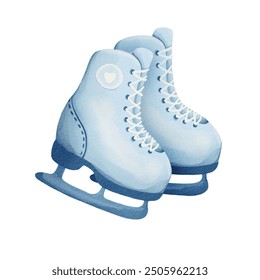 Blo Figur Skates op engem transparenten Hannergrond. Hand gezeechent Aquarell mat Pabeiertextur, op engem wäisse Hannergrond. Figur Skating, Wanter Illustratioun.